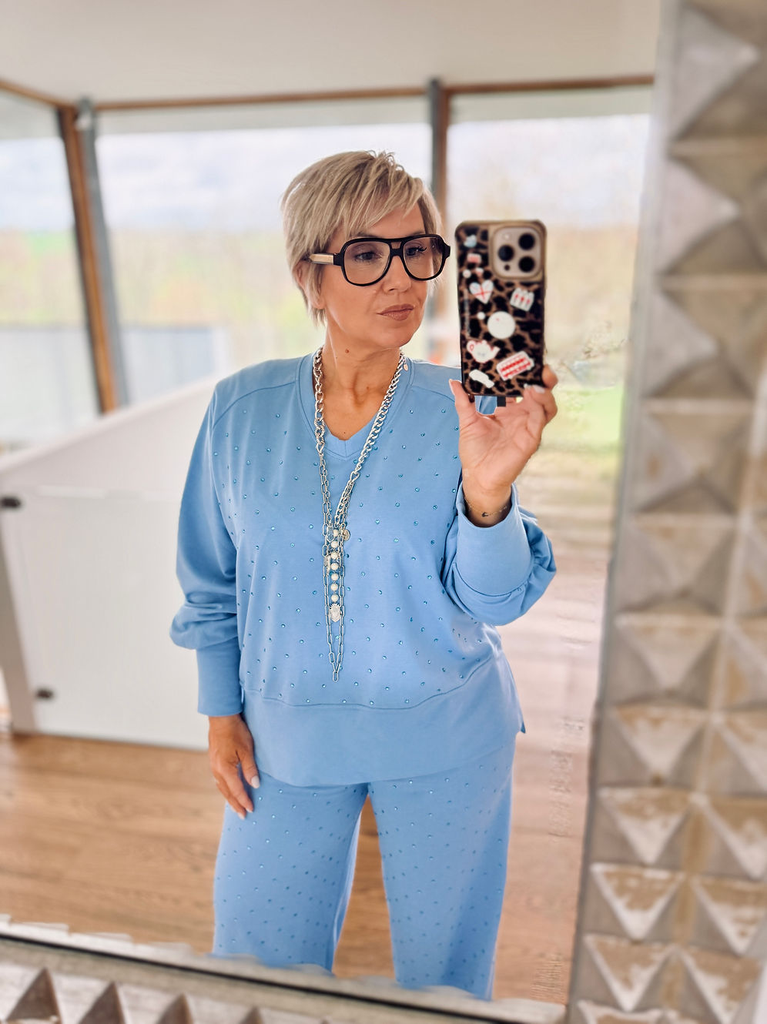 Les Blondinettes sweat Dolores V strass bleu (S)